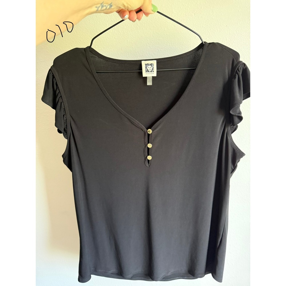Anne Klein Blouse Women Large Black Ruffle Cap Sleeve V-Neck Gold Button